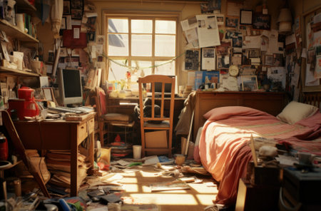 Messy room interior, a lot of different stuff, from electronic appliances and furniture to clothes.の素材