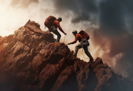 Hikers climbing on rock, mountain at sunset, one of them giving hand and helping to climb. Help, support, assistance in a dangerous situation.の素材