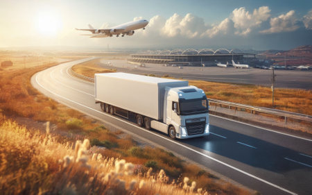Container Truck run on highway road at sunset blue sky background with copy space, cargo airplane, moving by motion blur effect.の素材