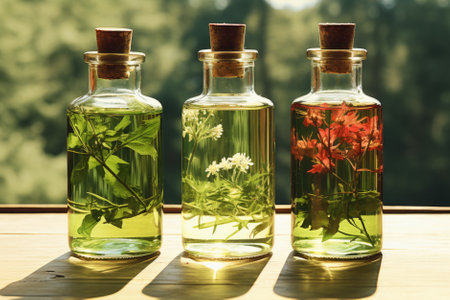 Glass bottles of potion and tincture, herbal medicine.の素材