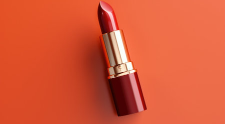 Close-up of red lipstick on a beige background.の素材