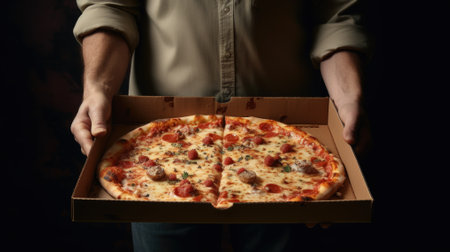 Courier, standing on a white background, holds a cardboard box with pizza.の素材