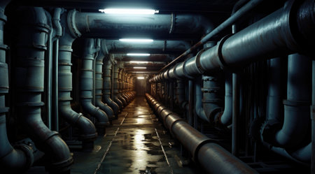 Industrial interior of a power plant with pipes and ventilation tubes.の素材