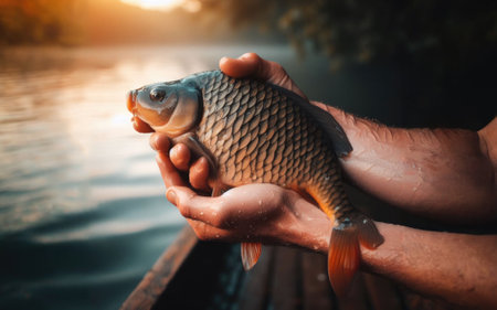 Fisherman holding a fish with lake on the background.の素材