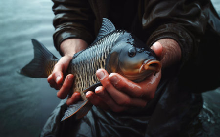 Fisherman holding a fish with lake on the background.の素材
