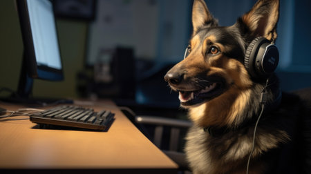 A cute funny dog in a is working at a laptop. The pet works at the computer.の素材