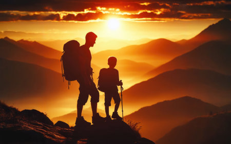Father and son watching the sunset at the mountains.の素材