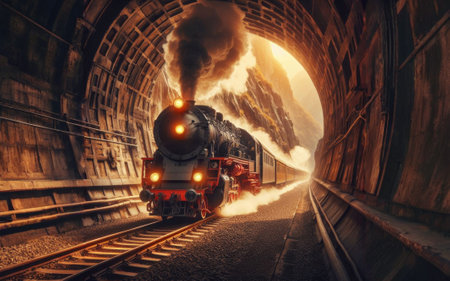 Old steam train pulling into a tunnel belching steam and smoke.の素材