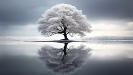 Picturesque view of leafless lonely tree growing and reflecting in lake.の素材