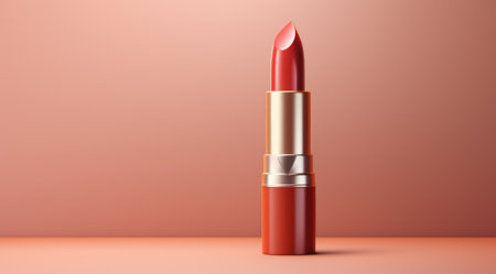 Close-up of red lipstick on a beige background.の素材