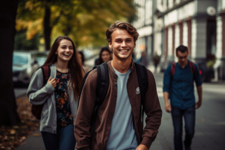 Happy multiracial friends walking down the street. Friendship concept with multicultural young people on winter clothes having fun together.の素材