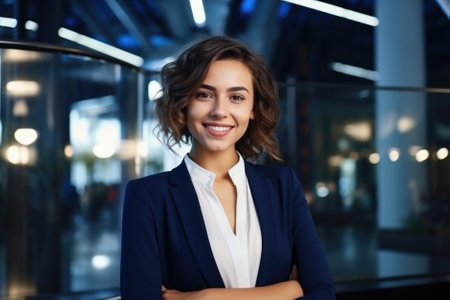 Young elegant businesswoman standing on the street and looking at the camera. Success coming with hard work. A young proud woman on a street.の素材