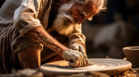 Potter at work: throwing the potter's wheel and shaping ceramic vessel and clay ware: pot, jar in pottery workshop. Experienced master.の素材