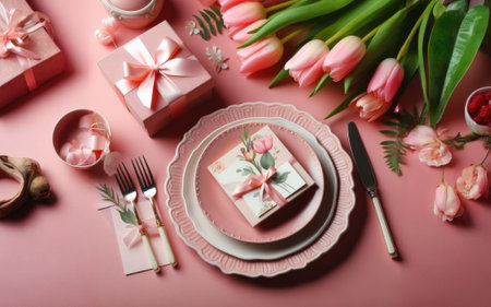 Mother's Day concept. Top view photo of heart shaped plate fork knife stylish gift boxes with ribbon bows and tulips.の素材