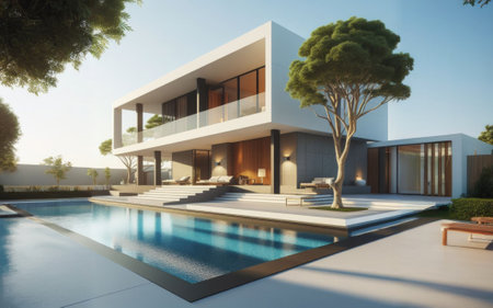 Modern luxury villa with a swimming pool surrounded by trees.の素材