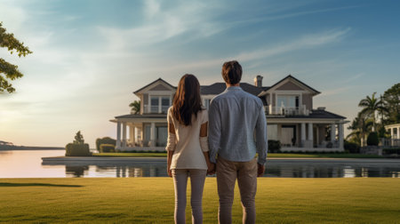 Rear view of young couple in front of beautiful house at sunsetの素材