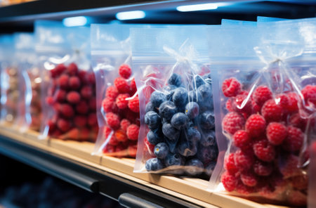 Frozen berries in plastic bags in the freezer. Open deep freeze filled with frozen berries.の素材