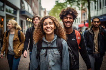 Group of young happy friends walking in the street of the city. Smiling students laughing and having fun togethers.の素材