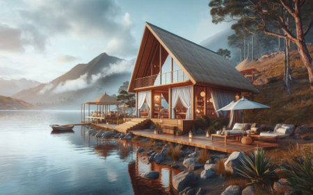 Modern house on the shore of Lake.の素材