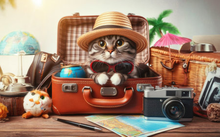 Funny cat going on vacation sitting in suitcase with clothes.の素材