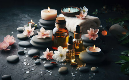 Variety of aroma essential oils in glass bottles with aromatic flowers on texture black background.の素材