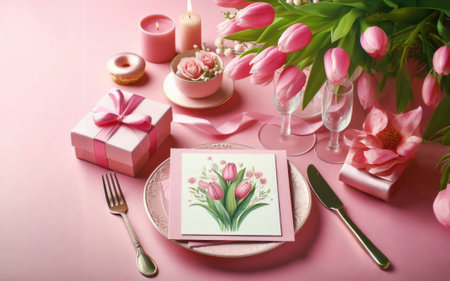 Mother's Day concept. Top view photo of heart shaped plate fork knife stylish gift boxes with ribbon bows and tulips.の素材