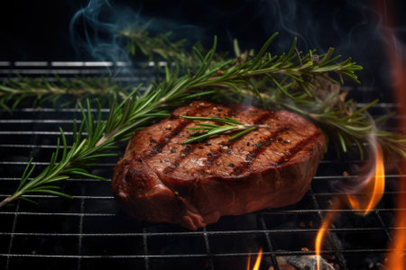 Grilled beef steak with rosemary and smoke on a barbecue grillの素材