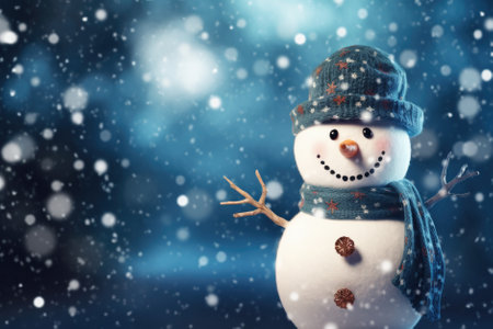 Snowman with hat and scarf on blue background with snowflakesの素材