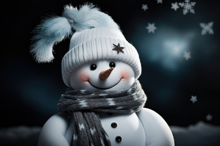 Snowman with scarf and hat on dark background. Christmas theme.の素材