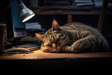 Lazy little kitten lying on a table at the workplace.の素材