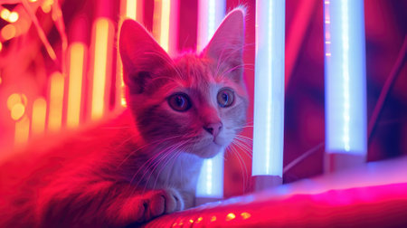 Cat in a neon environment at night in a club or some other shady place.の素材