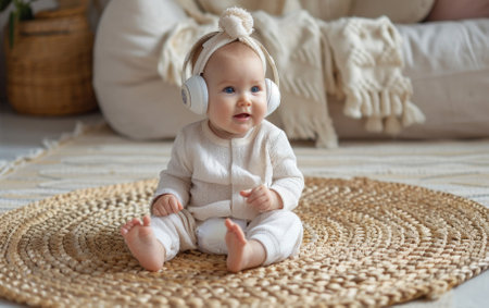 Small baby with headphones and listening to music.の素材