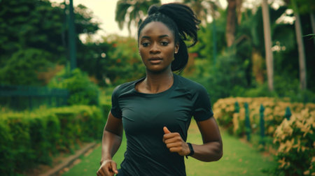 Black athletic woman running while exercising in the park. Copy space.の素材