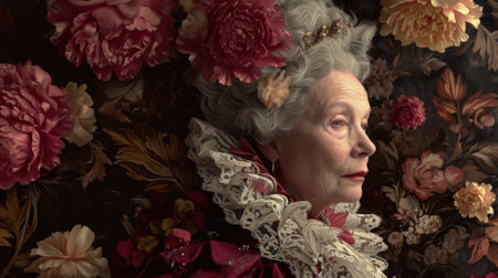 Old woman is sitting with red roses and flowers surrounding her.の素材