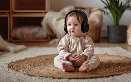 Small baby with headphones and listening to music.の素材