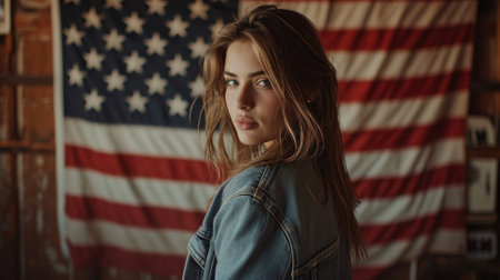 Beautiful girl in front of a flag of the United States.の素材