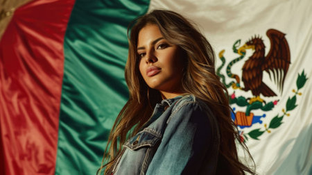 Beautiful girl in front of a flag of the Mexico.の素材