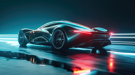Futuristic sports car on wet asphalt with light reflections.の素材