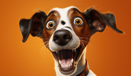 Funny dog with big eyes and mouth wide open on orange backgroundの素材