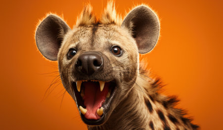 Close-up portrait of funny hyena with open mouth, on orange backgroundの素材