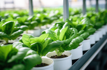 Organic hydroponic vegetable cultivation in greenhouse, selective focus.の素材