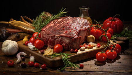 Fresh raw meat with vegetables and spices on a wooden table. Selective focus.の素材