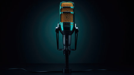 Professional microphone on black background with bokeh lights in rays of blue-red light, close-up. Web banner with copy space for design.の素材