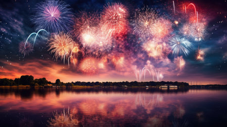 Colorful fireworks on the background of the night sky and the lakeの素材