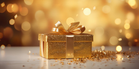 Gift box with golden bow on bokeh background. 3d renderingの素材