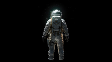 Astronaut stand on space background with stars. Spaceman in spacesuit. Cosmic concept.の素材