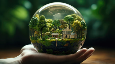 Glass globe with forest inside. Green planet, environmental conservation concept.の素材