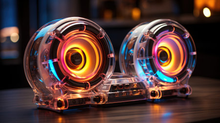 Two sound speakers in neon light. Futuristic design.の素材