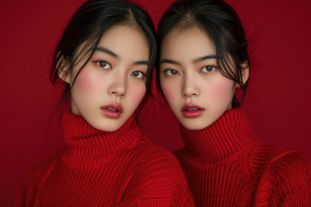 Twin sisters. Twins on red background in red turtlenecks.の素材