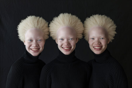 Three albino sisters. Triplets on black background in black turtlenecks.の素材